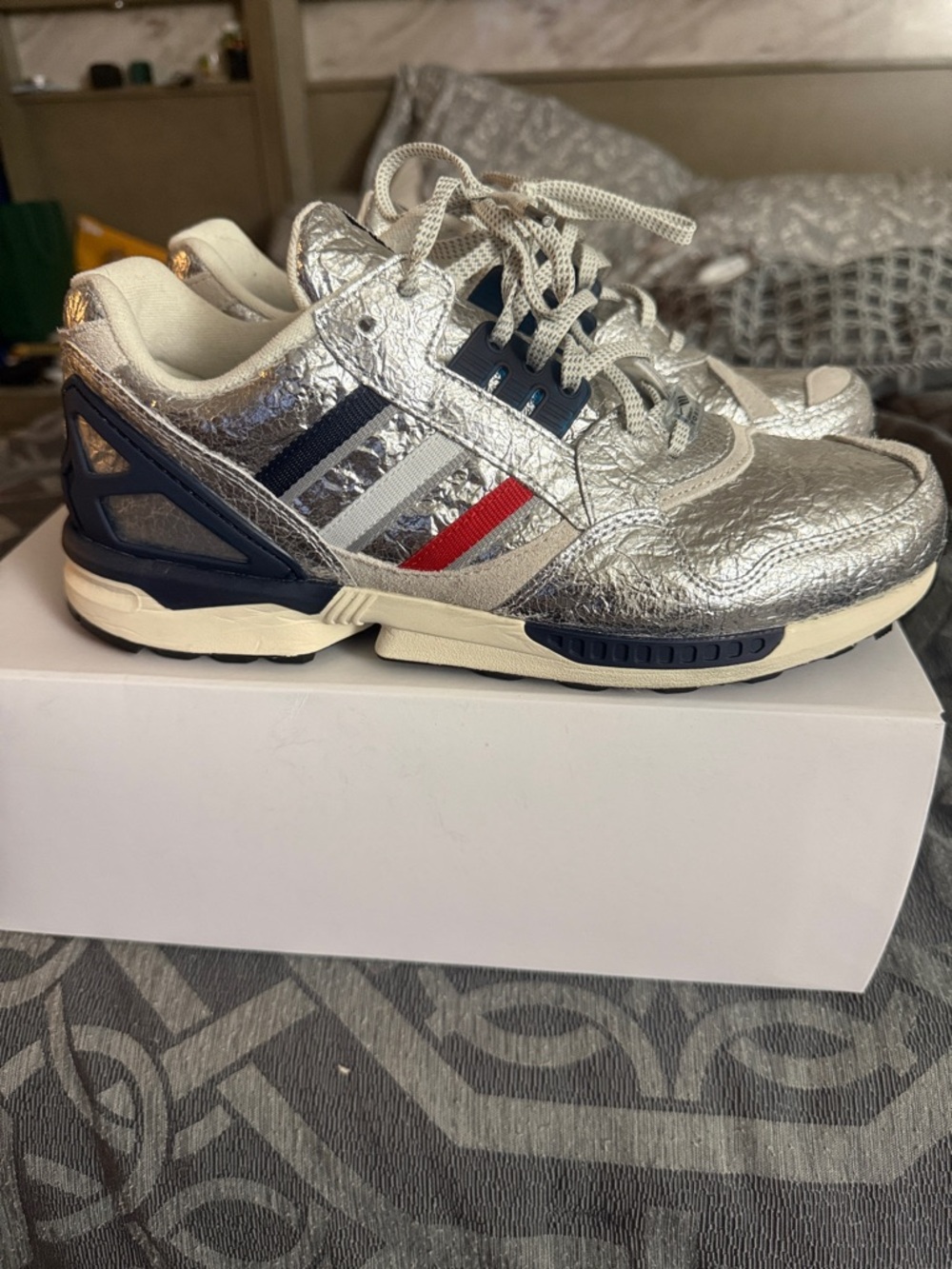Adidas x Concepts ZX 9000 Silver Metallic Sneakers with Navy & Red Stripes